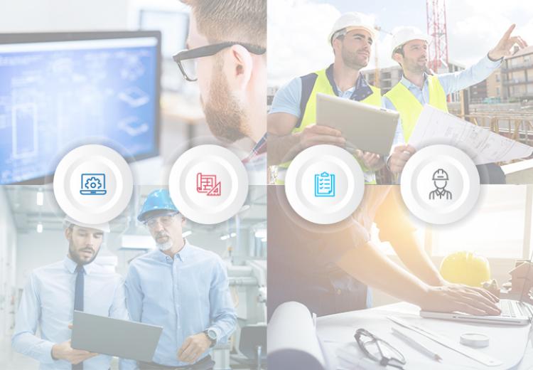 Four photos and icons representing engineer, detailer, fabricator, and erector